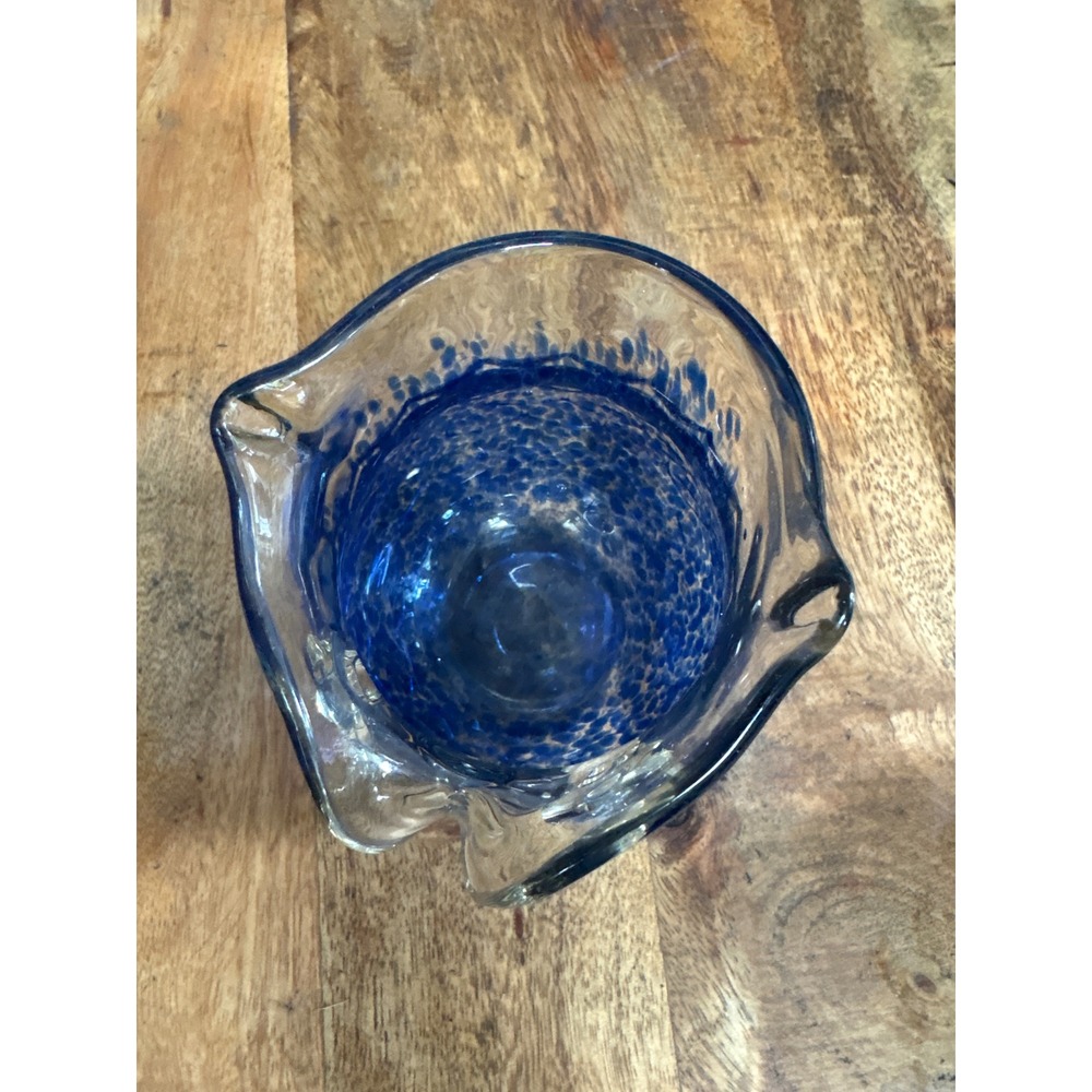 Hand Blown Glass Owl Vase Cobalt Blue Speckled Honeycomb Art Glass Vessel - Picture 5 of 7